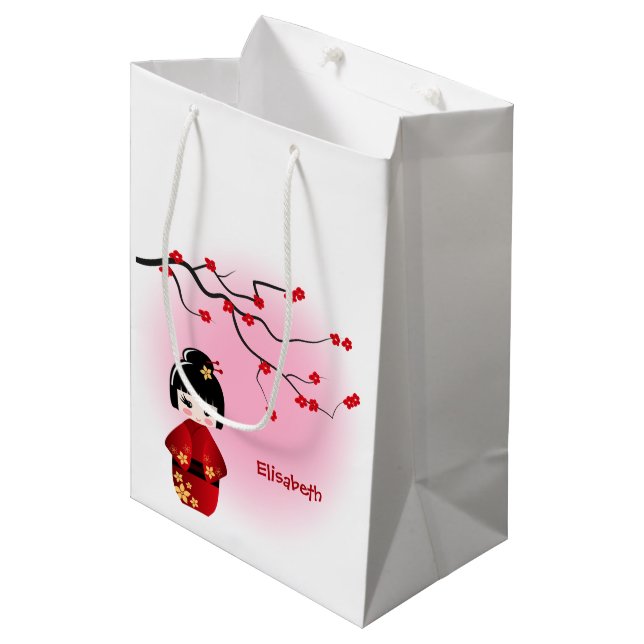 Bolsa De Regalo Mediana La muñeca japonesa del kokeshi en Sakura florece (Angulo Anverso)