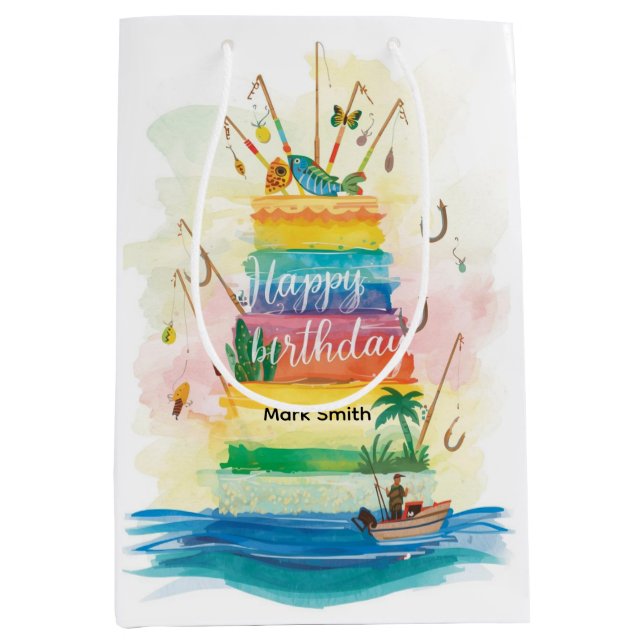 Bolsa De Regalo Mediana La pesca con temática de cumpleaños enganchada a l (Anverso)