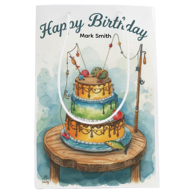 Bolsa De Regalo Mediana La pesca con temática de cumpleaños enganchada a l (Anverso)