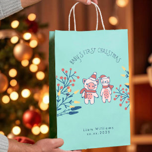 Bolsa De Regalo Mediana La primera Navidad de bebé, adorable cerdo y oso