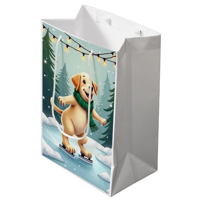 Bolsa De Regalo Mediana Labrador Retriever Ice Skating Christmas Painting (Angulo Anverso)