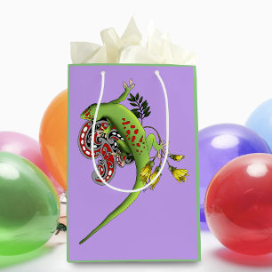 Bolsa De Regalo Mediana Lagarto Verde Tribal Lavanda Rojo