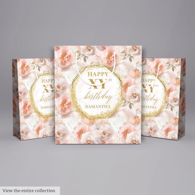 Bolsa De Regalo Mediana Lámpara brillante Boho Rosa Oro 70 cumpleaños (Sparkling Light Pink Boho Gold 70th Birthday Medium Gift Bag)