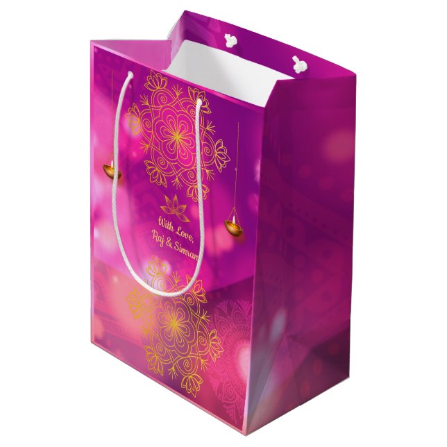 Bolsa De Regalo Mediana Lámparas Diwali Purple Gold Mandala (Angulo reverso)