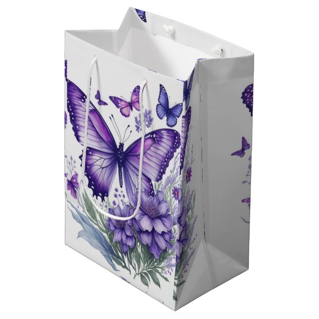 Bolsa De Regalo Mediana Las mariposas púrpura cautivan a las flores (Angulo Anverso)