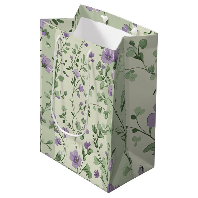 Bolsa De Regalo Mediana Lavanda y diseño botánico verde (Angulo Anverso)