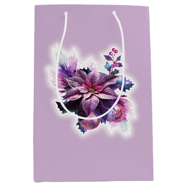 Bolsa De Regalo Mediana Lavanda Y Poinsettia Rosa (Anverso)