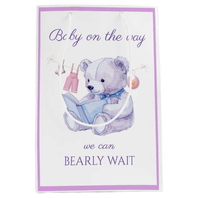 Bolsa De Regalo Mediana Lavender Bear leyendo un libro Baby Shower (Anverso)