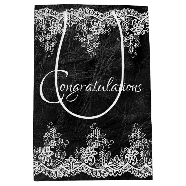 Bolsa De Regalo Mediana Lazo De Boda Blanco Sobre Cuero (Anverso)