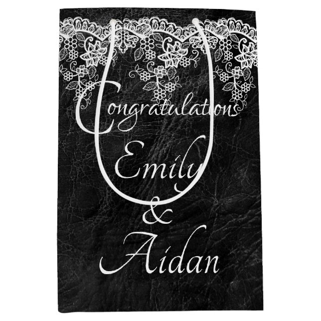 Bolsa De Regalo Mediana Lazo De Boda Blanco Sobre Cuero (Anverso)