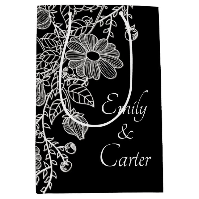 Bolsa De Regalo Mediana Lazo de Boda blanco sobre negro (Anverso)