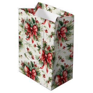 Bolsa De Regalo Mediana Lazos Rojos y Hojas de Acebo