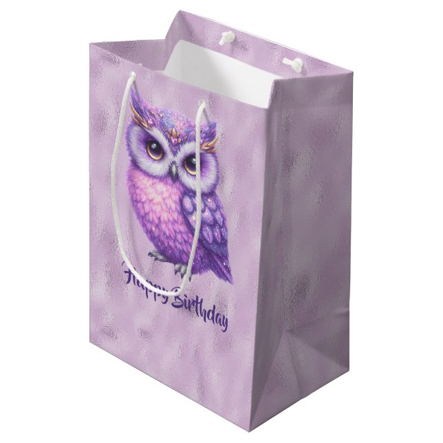 Bolsa De Regalo Mediana Lechuza púrpura Purpurinoso sobre un brillante fon (Angulo Anverso)