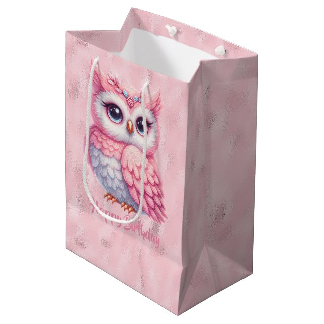 Bolsa De Regalo Mediana Lechuza rosa feliz cumpleaños en rosa (Angulo Anverso)