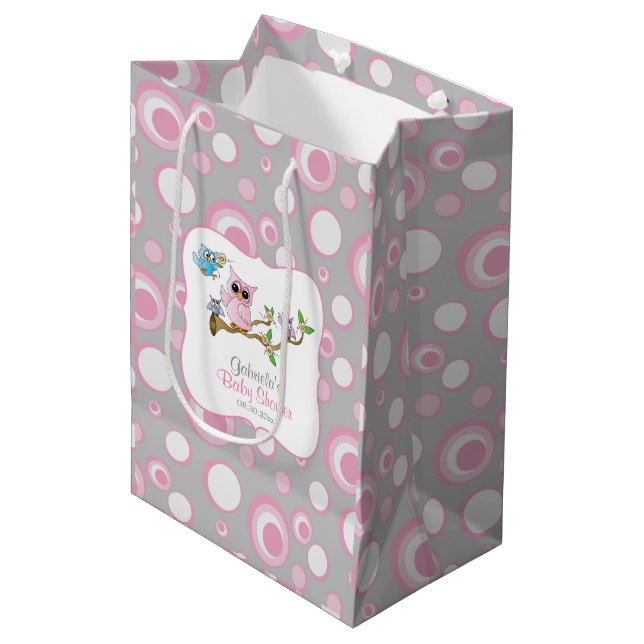 Bolsa De Regalo Mediana Lechuza rosa y gris Baby Shower (Angulo Anverso)