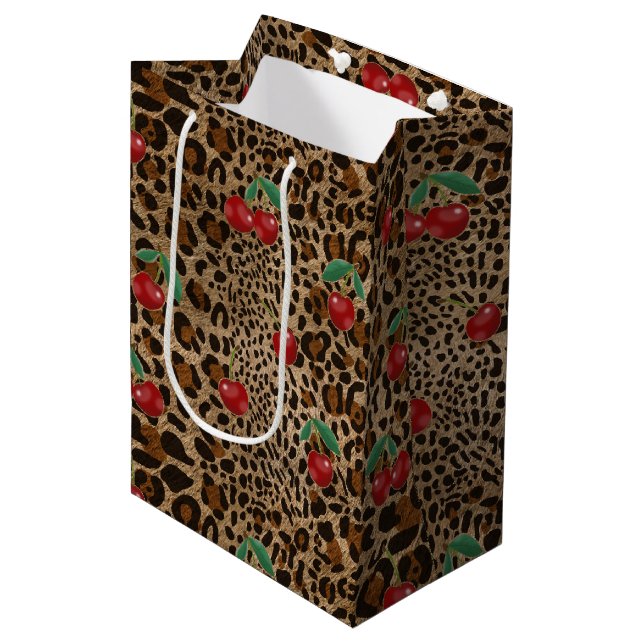 Bolsa De Regalo Mediana Leopard Cheetah Animal Print Red Cherry Pattern (Angulo Anverso)
