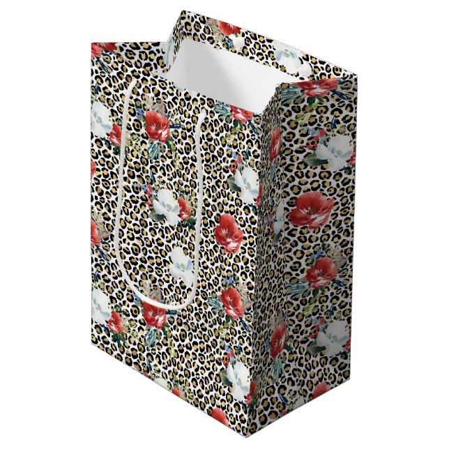 Bolsa De Regalo Mediana Leopardo dorado Imprimir Floral Blanco Rojo