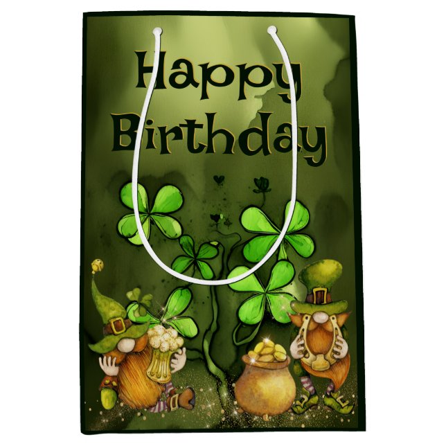 Bolsa De Regalo Mediana Leprechaun Gnomes y Clovers irlandeses Feliz cumpl (Anverso)
