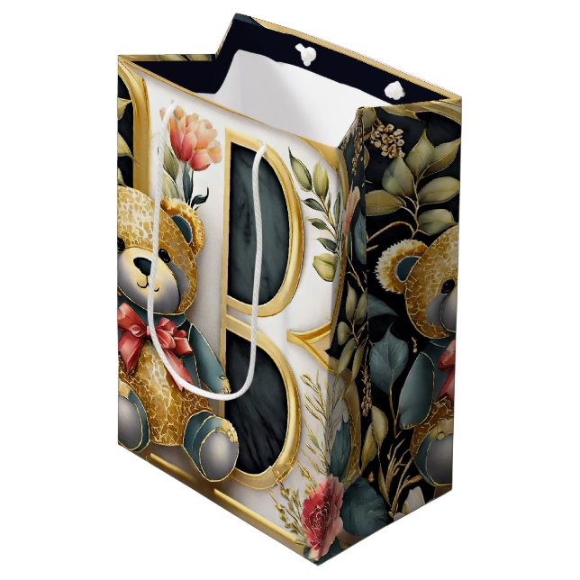 Bolsa De Regalo Mediana Letra FLoral Teddy Bear B (Angulo Anverso)