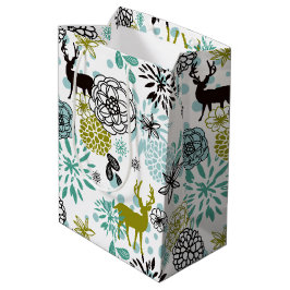 Bolsa De Regalo Mediana Lindo patrón de arte floral y ciervo azul verde tu