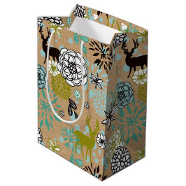 Bolsa De Regalo Mediana Lindo patrón de arte floral y ciervos en azul verd