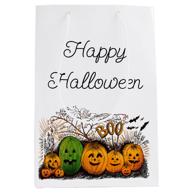 Bolsa De Regalo Mediana Línea Jack-O-Lantern hacia arriba (Anverso)