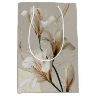 Bolsa De Regalo Mediana Lirio Blanco Dorado Minimalista Elegante Neutro