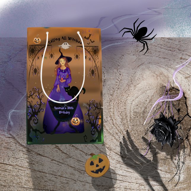 Bolsa De Regalo Mediana Llamando a todas las brujas Halloween Cumpleaños (Calling All Witches Halloween Birthday Medium Gift Bag)