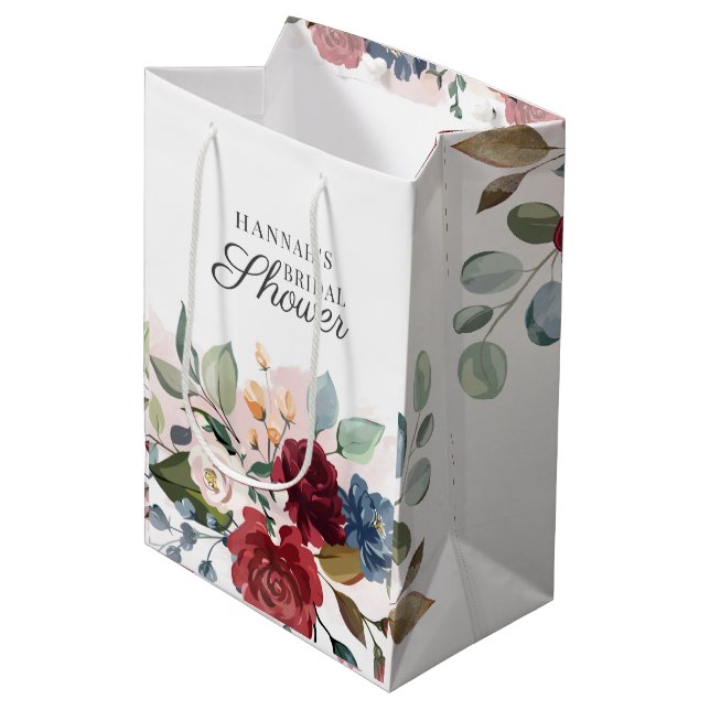 Bolsa De Regalo Mediana Lluvia de boda con acuarela floral rosa burdeos (Angulo Anverso)