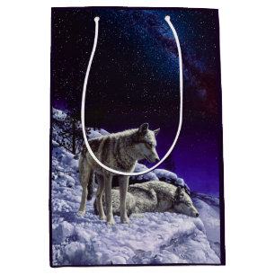 Bolsa De Regalo Mediana Lobos grises en la nieve de invierno de noche