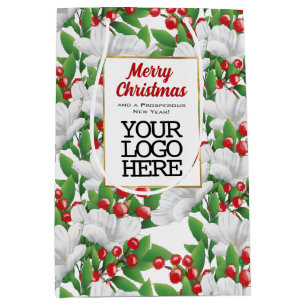 Bolsa De Regalo Mediana Logo de negocios Elegante Floral Feliz Navidad
