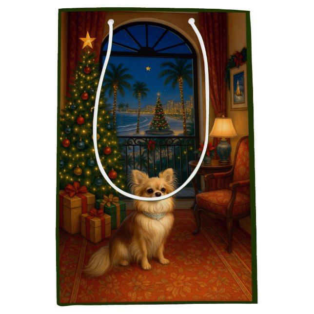 Bolsa De Regalo Mediana Long-haired Chihuahua Holiday  (Anverso)