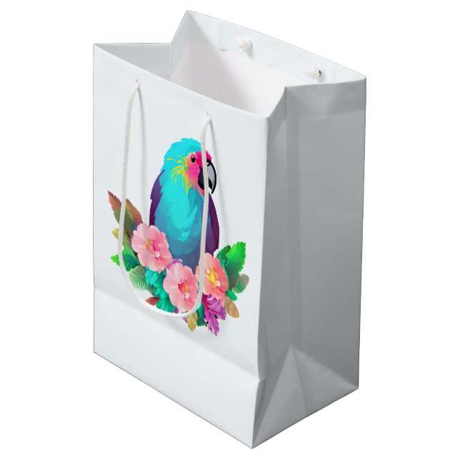Bolsa De Regalo Mediana Loro tropical azul con flores tropicales (Angulo Anverso)