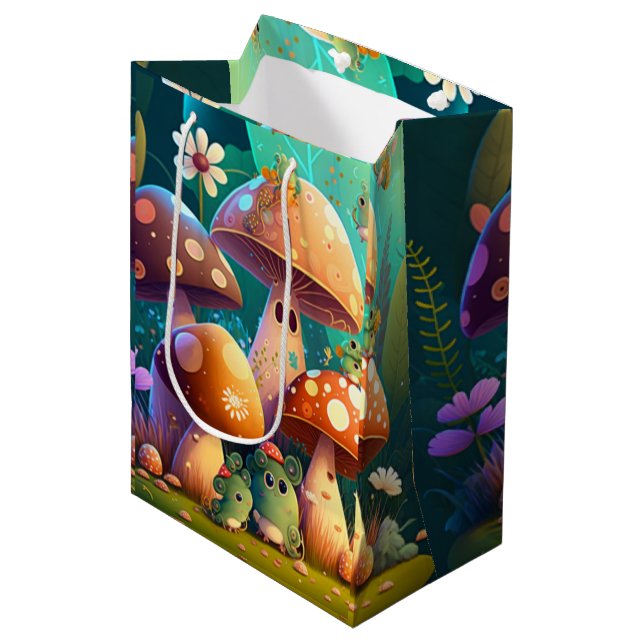 Bolsa De Regalo Mediana Los amorosos elfos adorables juegan bajo hongos (Angulo Anverso)