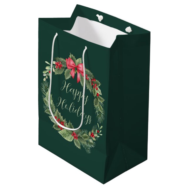 Bolsa De Regalo Mediana Los Navidades clásicos de Wreath Green Happy Holid (Angulo Anverso)