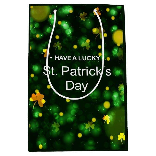 Bolsa De Regalo Mediana Lucky Green Irish Shamrock Purpurina Pattern (Anverso)