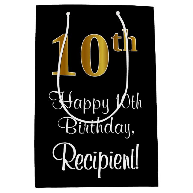 Bolsa De Regalo Mediana Lujoso, elegante, Faux Gold Look 10 cumpleaños (Anverso)