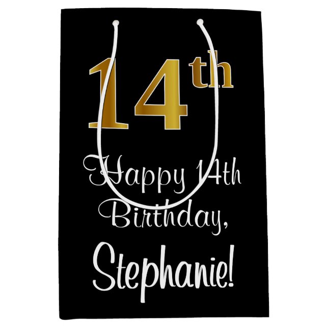 Bolsa De Regalo Mediana Lujoso, elegante, Faux Gold Look 14th Birthday (Anverso)