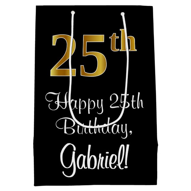 Bolsa De Regalo Mediana Lujoso, elegante, Faux Gold Look 25 cumpleaños (Reverso)