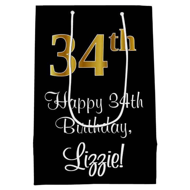 Bolsa De Regalo Mediana Lujoso, elegante, Faux Gold Look 34th Birthday (Reverso)