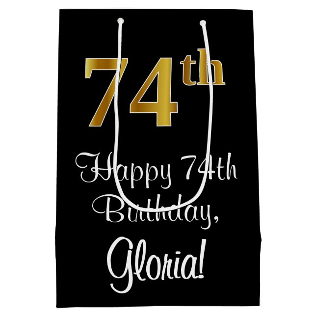 Bolsa De Regalo Mediana Lujoso, elegante, Faux Gold Look 74 cumpleaños (Reverso)