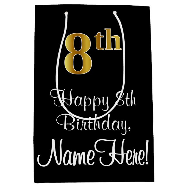 Bolsa De Regalo Mediana Lujoso, elegante, Faux Gold Look 8Cumpleaños (Anverso)