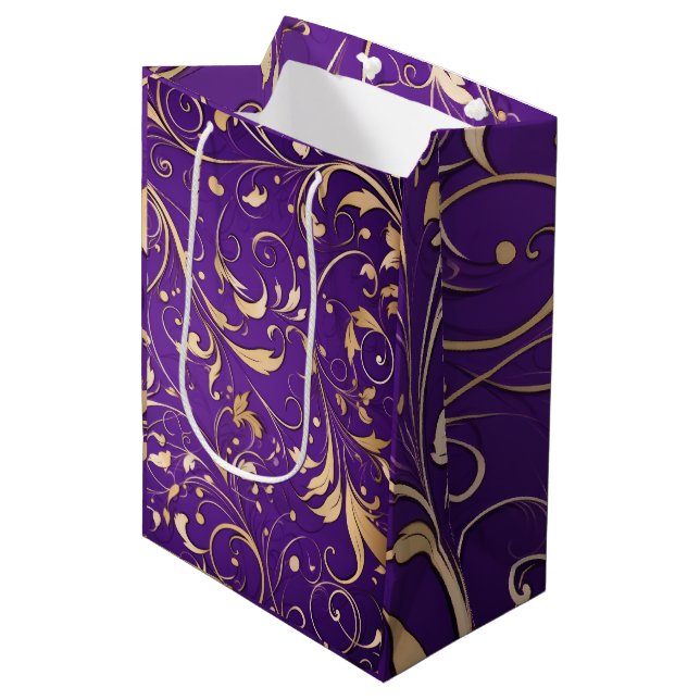 Bolsa De Regalo Mediana Lujoso Royal Purple y Gold Damask Patterned (Angulo Anverso)