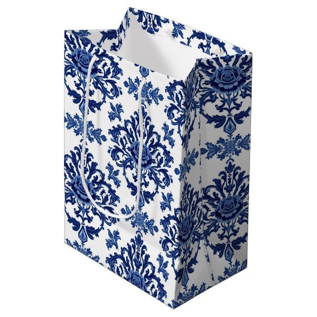 Bolsa De Regalo Mediana Luxury Royal Blue and White Baroque Floral Pattern (Angulo Anverso)