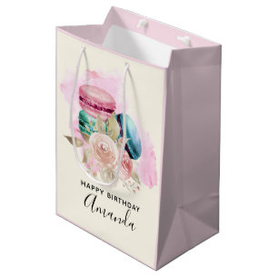 Bolsa De Regalo Mediana Macarons Coloridos y Flores Acuarela Cumpleaños