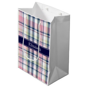 Bolsa De Regalo Mediana Madrás verde perrito blanco verde de la marina ros