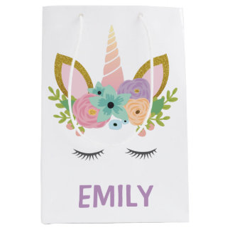 Bolsa De Regalo Mediana Magical Unicornio purpurina de nombre personalizad