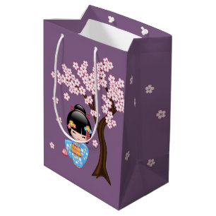 Bolsa De Regalo Mediana Maiko Kokeshi Doll Azul Kimono Geisha Chica Púrpur