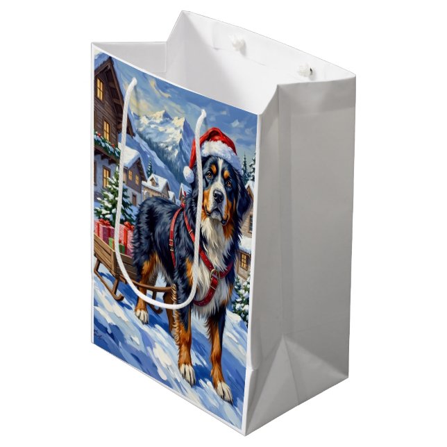 Bolsa De Regalo Mediana Majestic Bernese Mountain Dog Alpine Christmas (Angulo Anverso)