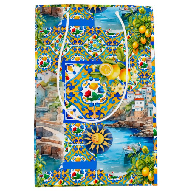 Bolsa De Regalo Mediana Majólica, limón, azulejos sicilianos, (Anverso)